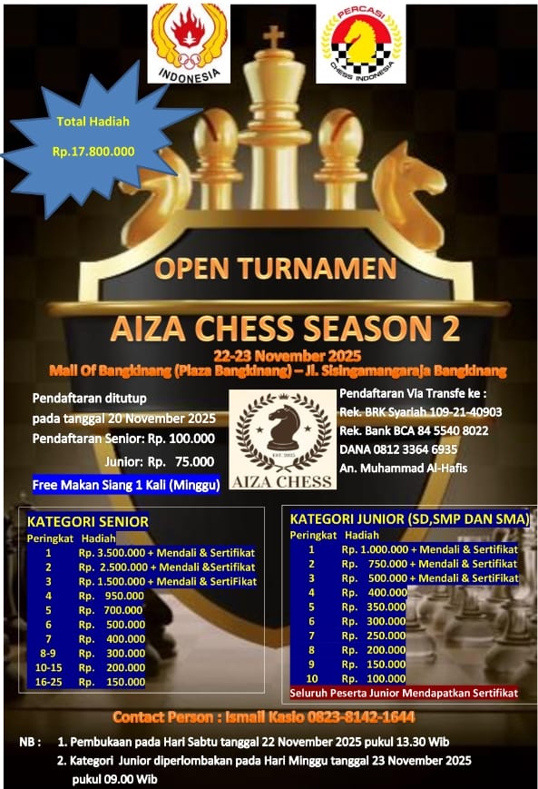 Open Turnamen Catur Aiza Chess Club Season II Akan Digelar, Hadirkan Master se-Sumatera