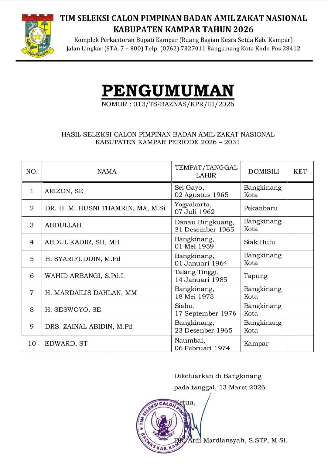 Seleksi 10 Besar Pimpinan Baznas Kampar Disorot: Nama Kakak Kandung Wabup dan Tim Sukses Muncul