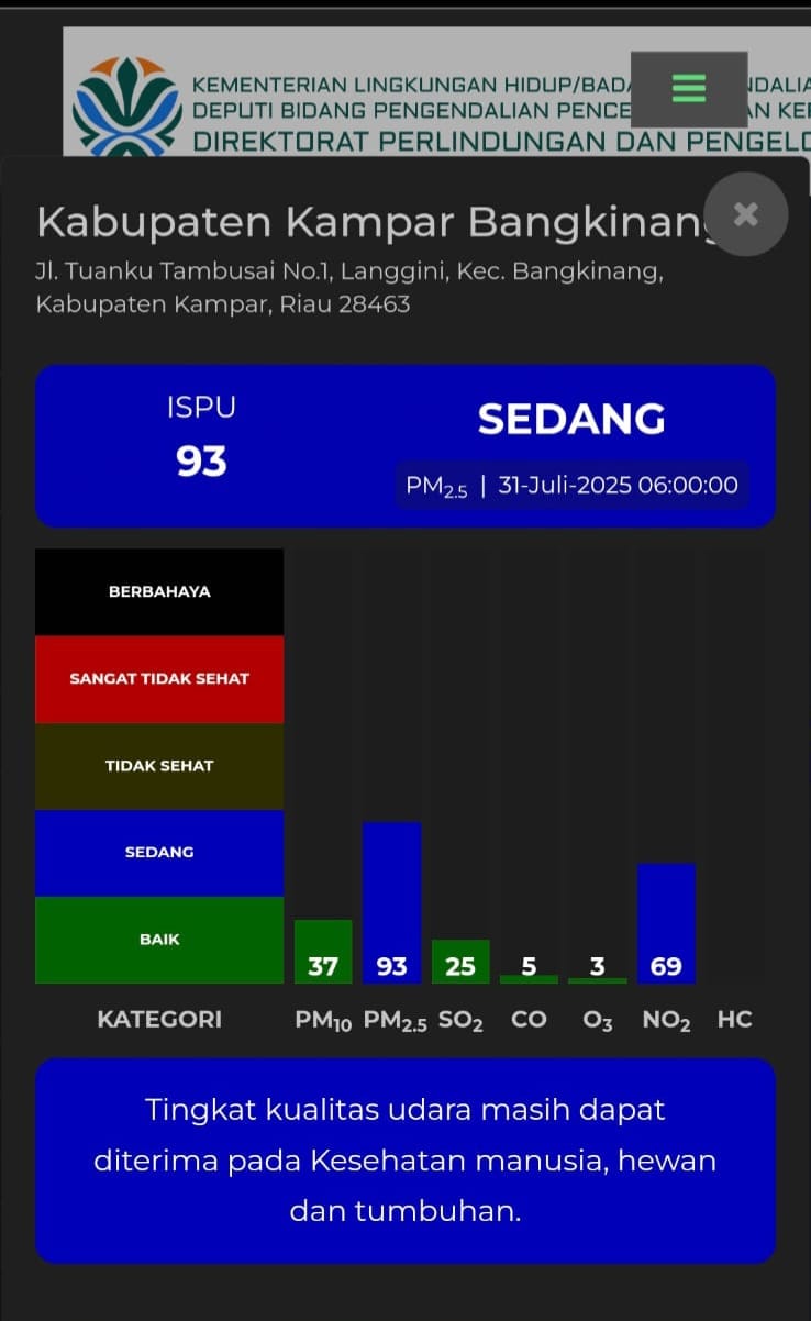 ISPU Bangkinang Capai 93, DLH Kampar Imbau Warga Kurangi Aktivitas Luar Ruangan